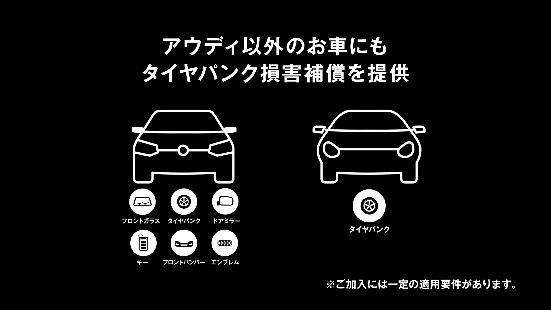 アウディ以外のお車にもタイヤパンク損害補償を提供。（※割引率はご加入の台数、保険会社により異なります。※ご加入には一定の適用要件があります。※自家用普通自動車・自家用小型自動車・自家用軽四輪乗用車に限ります。）